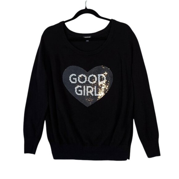 Torrid Women's Sequin Heart "Good Girl Bad Girl" Black Cotton Sweater 0X Lg | 12 - Picture 3 of 11